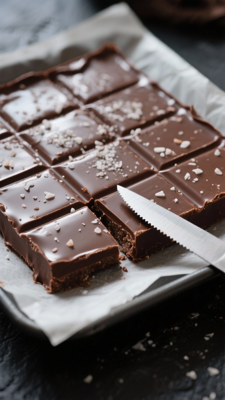 Close-up detail shot: A glossy slab of chilled keto chocolate squares just lifted from a parchment-l