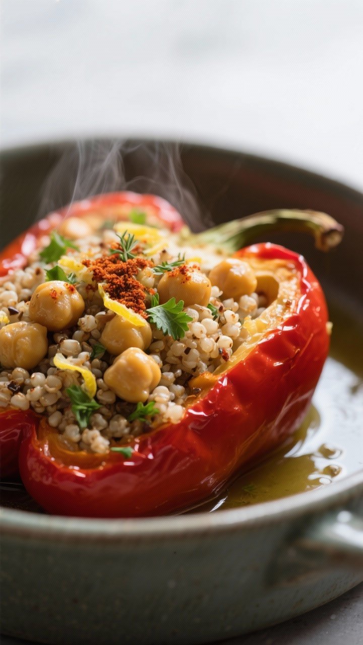 Close-up detail shot: A just-baked chickpea and quinoa stuffed bell pepper half, filling mounded and