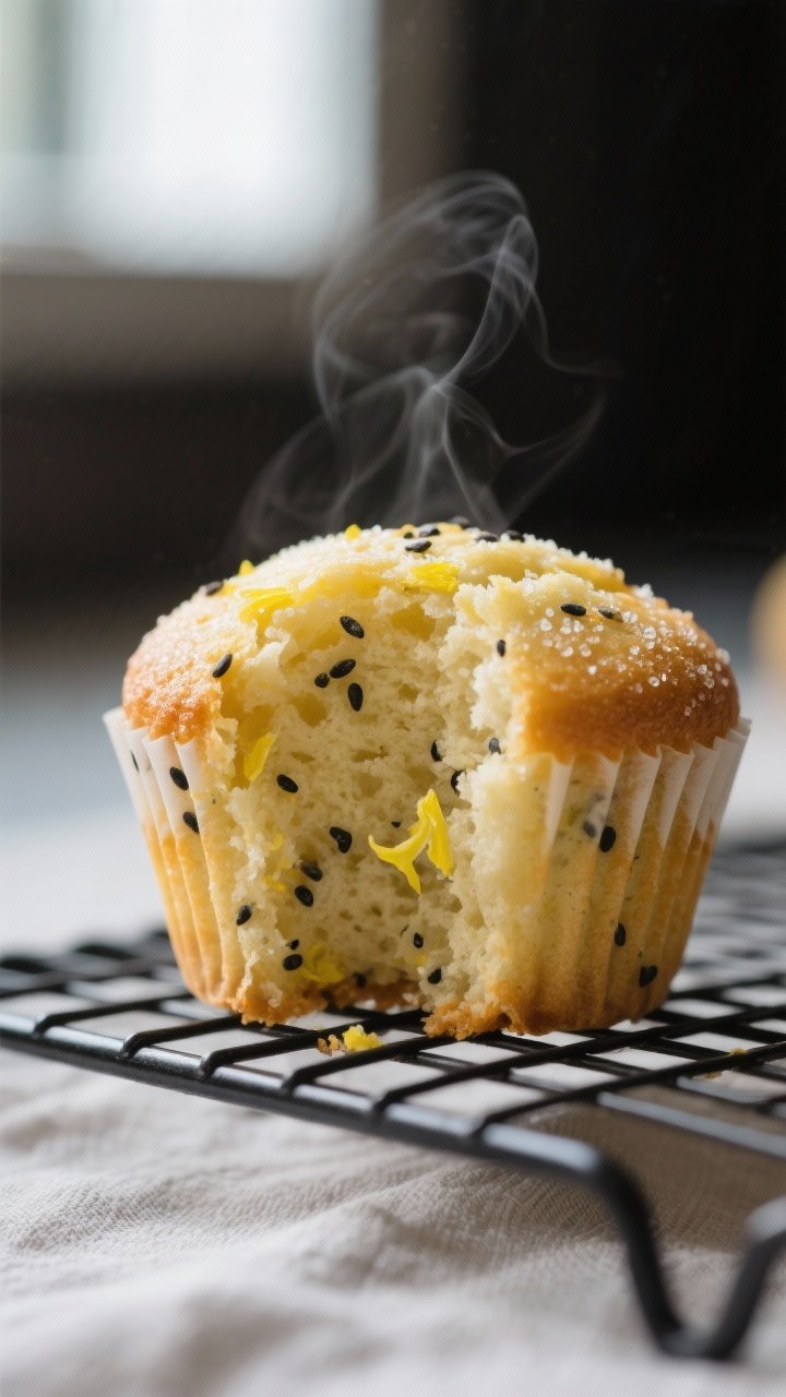Close-up detail shot: A just-baked lemon poppy seed muffin torn open on a wire rack, showing an ultr