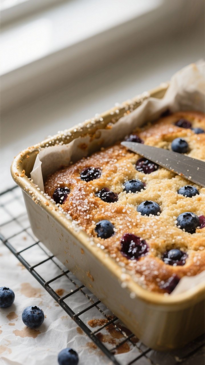 Close-up detail shot: A just-baked sourdough discard blueberry breakfast cake still in an 8-inch par