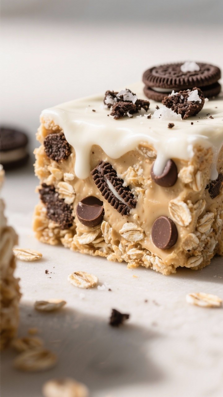 Close-up detail shot: A just-sliced cookies & cream protein square held together cleanly, showing th