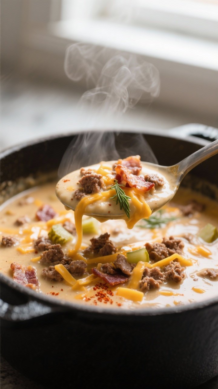 Close-up detail shot: A ladle lifting creamy keto bacon cheeseburger chowder from a Dutch oven, show