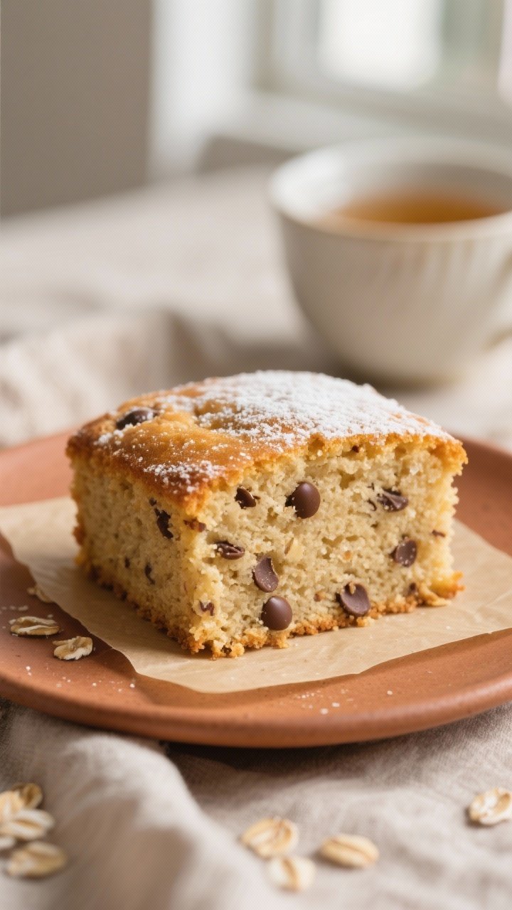 Close-up detail shot: A sliced square of oat flour banana-vanilla snack cake still warm, showing a t
