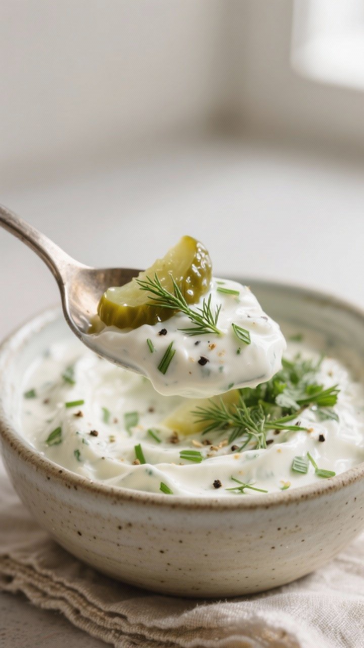 Close-up detail shot: A spoonful of cold dill pickle ranch dip lifted from a ceramic bowl, showing u