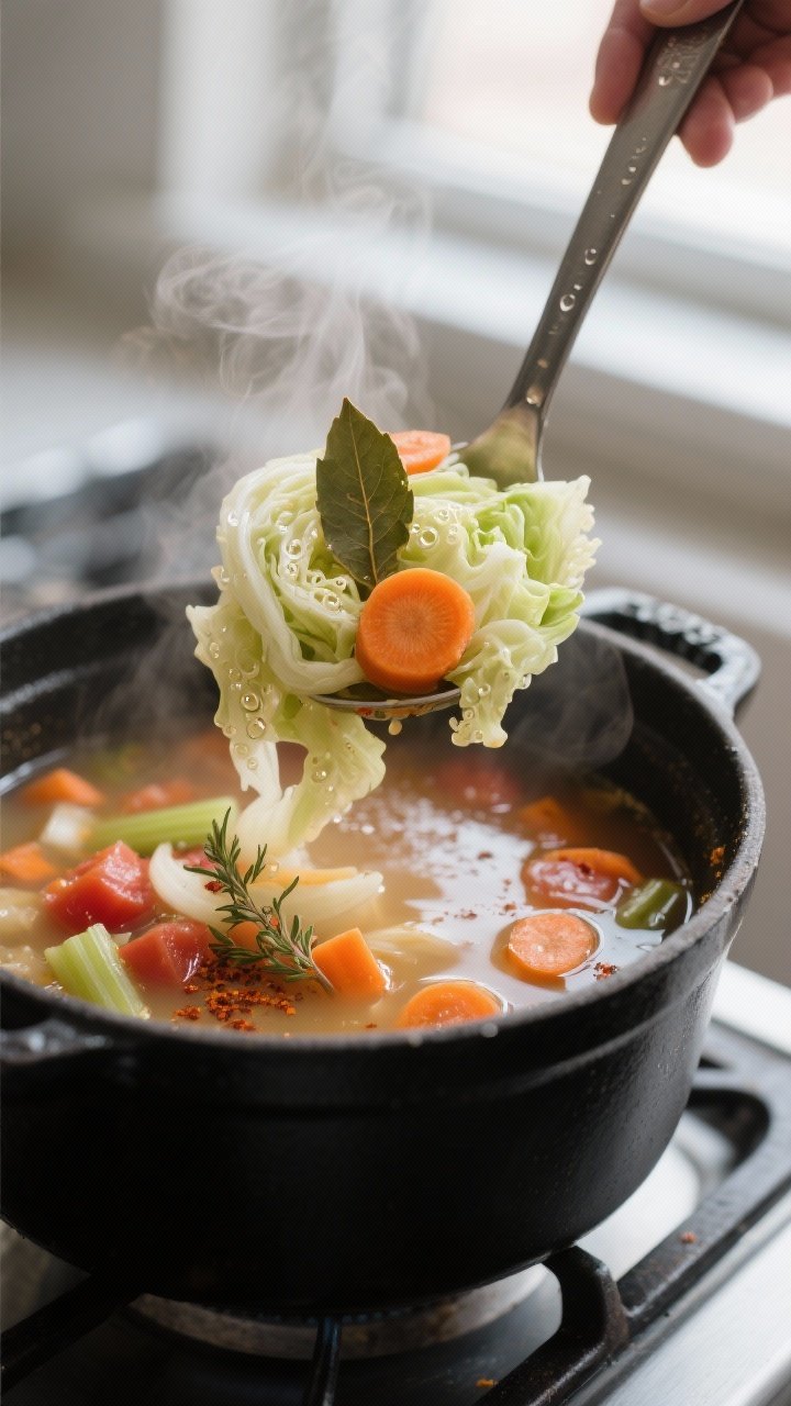 Close-up detail shot: A steaming ladle lifting tender cabbage ribbons and coin-cut carrots from a si
