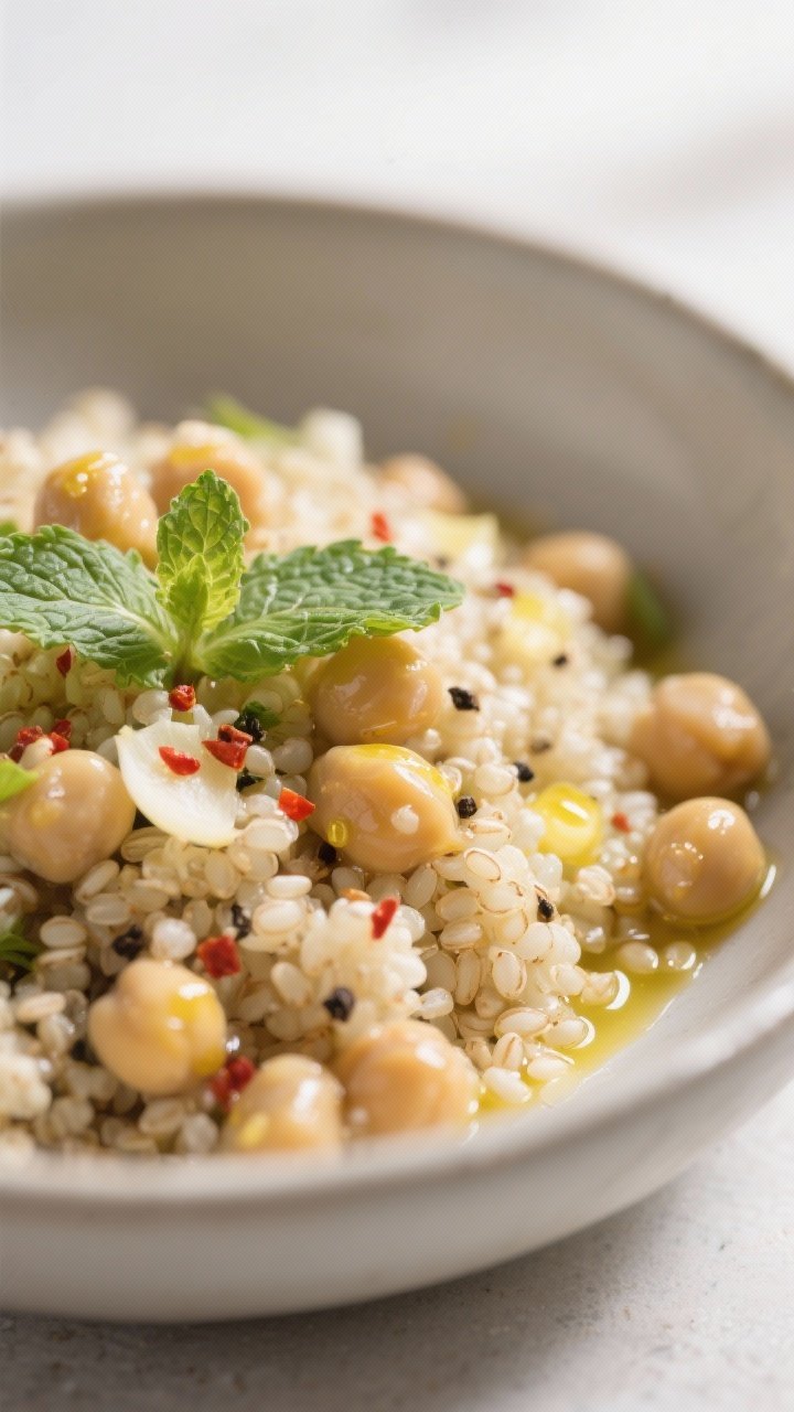 Close-up detail shot: Fluffy, steam-cooled quinoa grains tossed with chickpeas and a glossy lemon-Di