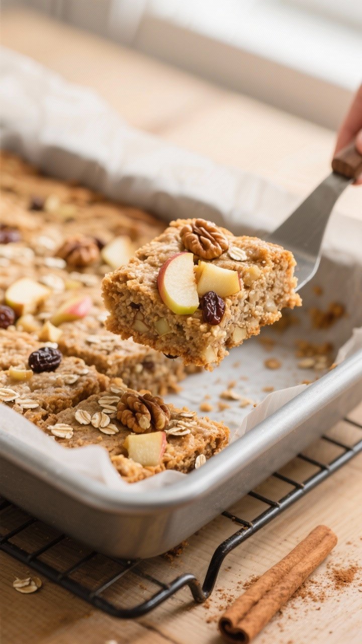 Close-up detail shot: freshly baked Apple Cinnamon Bran Breakfast Squares just lifted from the parch