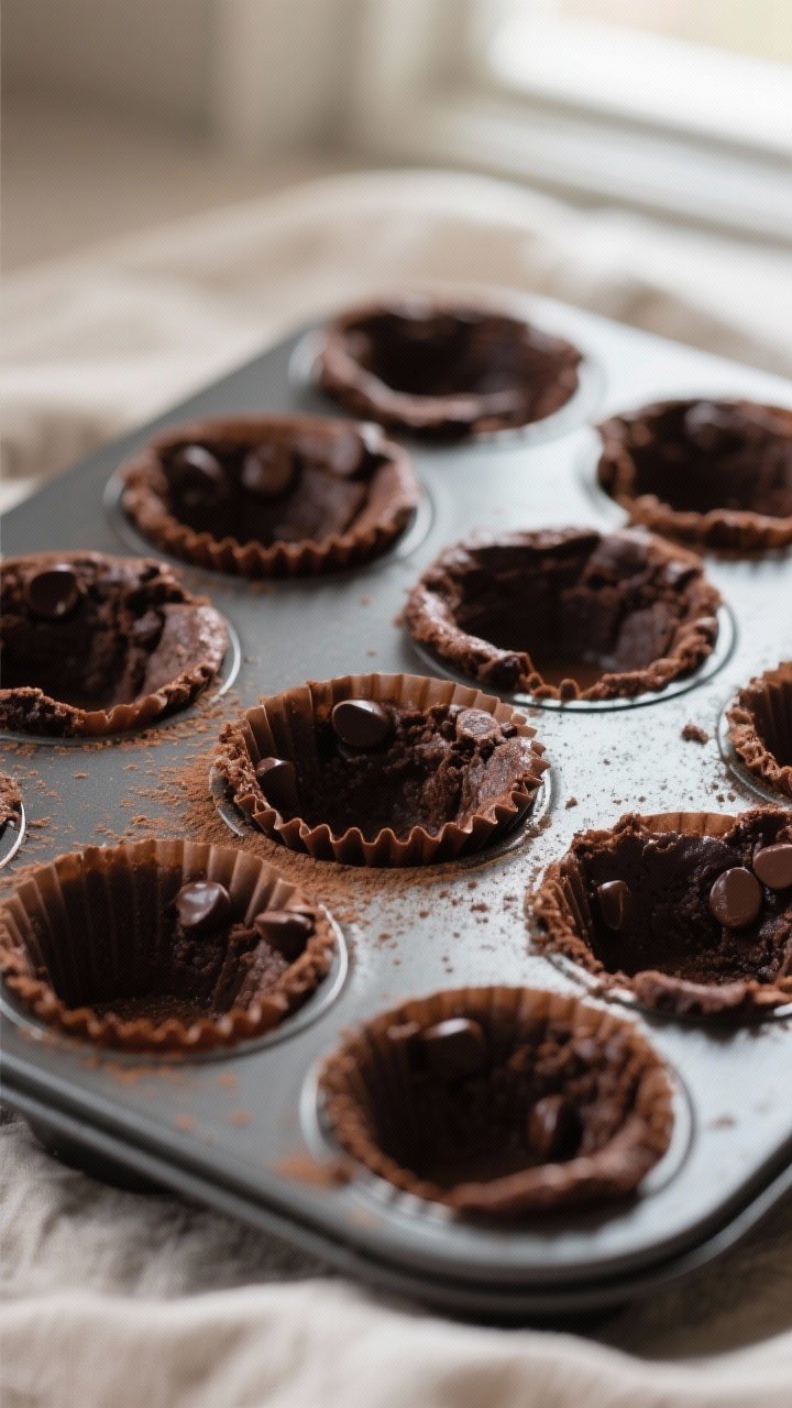 Close-up detail shot: Freshly baked brownie cups just out of the muffin tin with clean, defined well