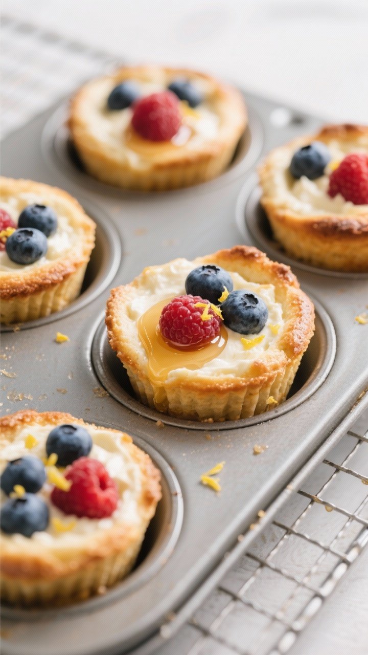 Close-up detail shot: freshly baked ricotta berry breakfast cups just out of the muffin tin, edges l