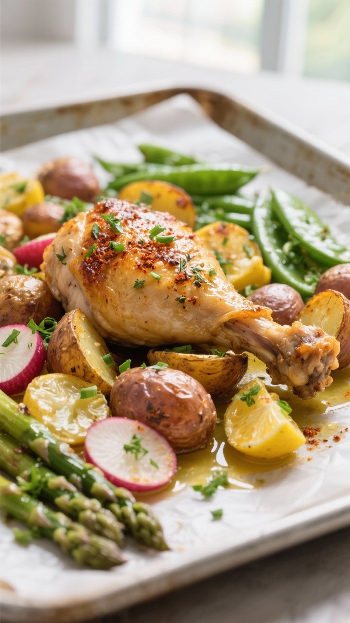 Close-up detail shot: Golden, crisp-skinned bone-in chicken thigh just out of the oven, nestled amon