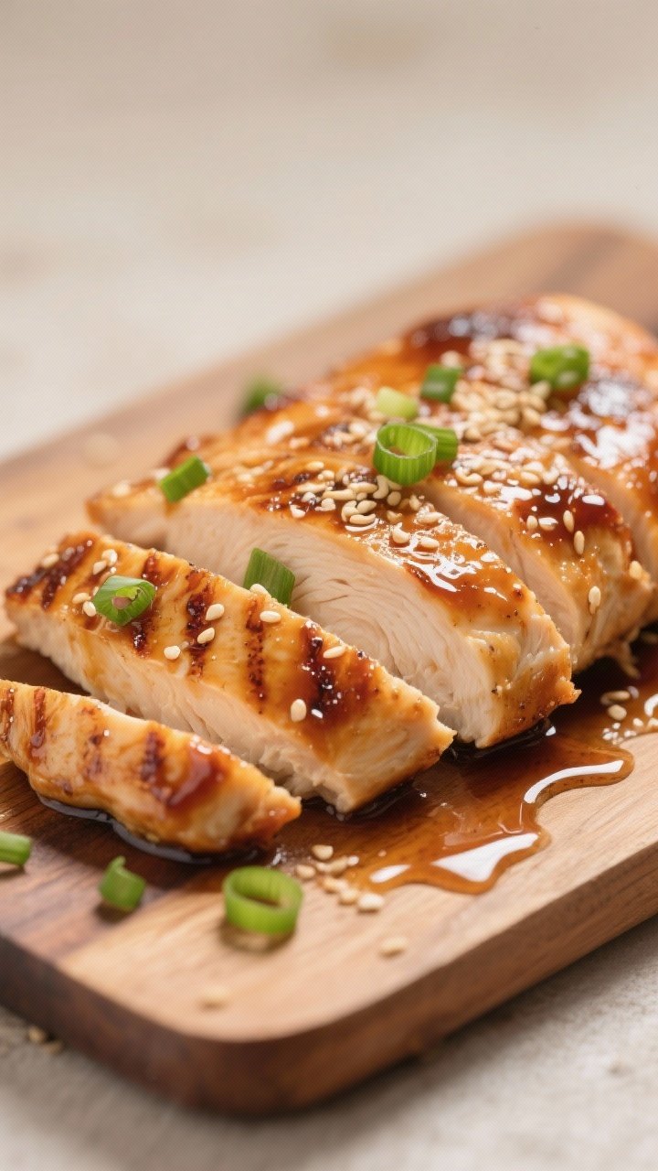 Close-up detail shot: Juicy air-fried honey garlic chicken breast just after slicing, glistening wit