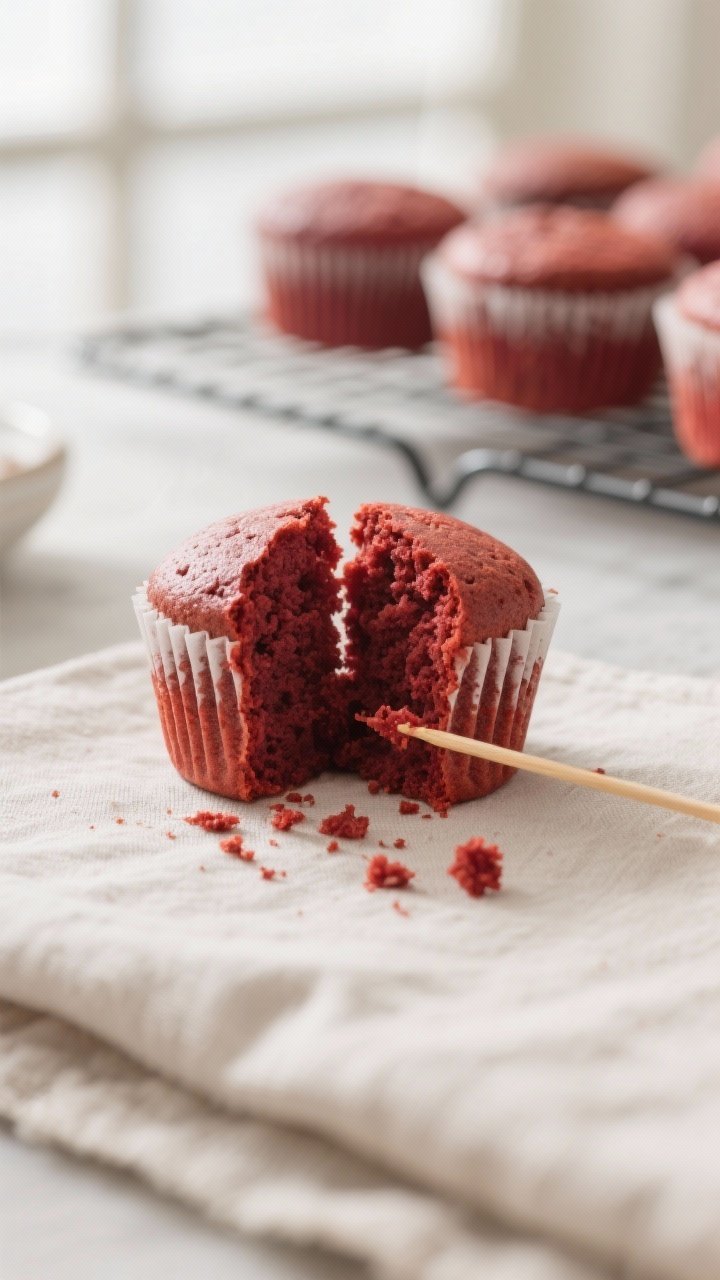 Close-up detail shot of a freshly baked mini red velvet cake (no liner), split open to reveal a plus