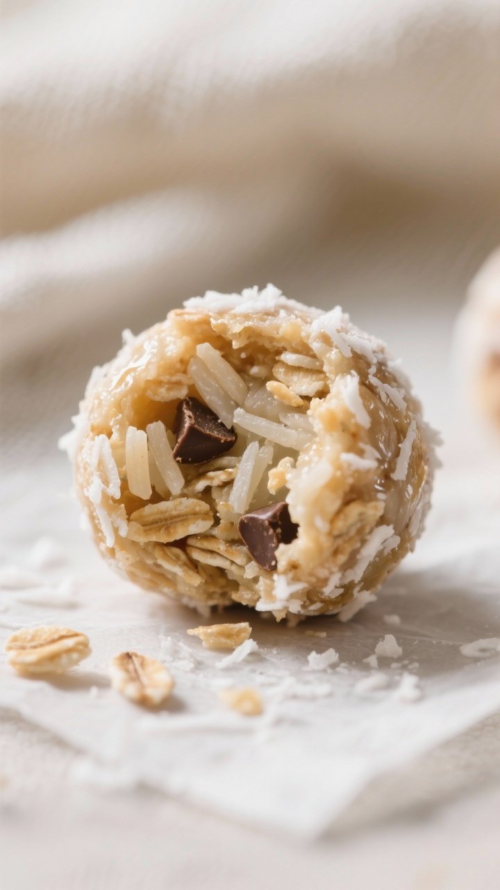 Close-up detail shot of finished vanilla coconut crunch protein balls, one bitten to reveal chewy oa
