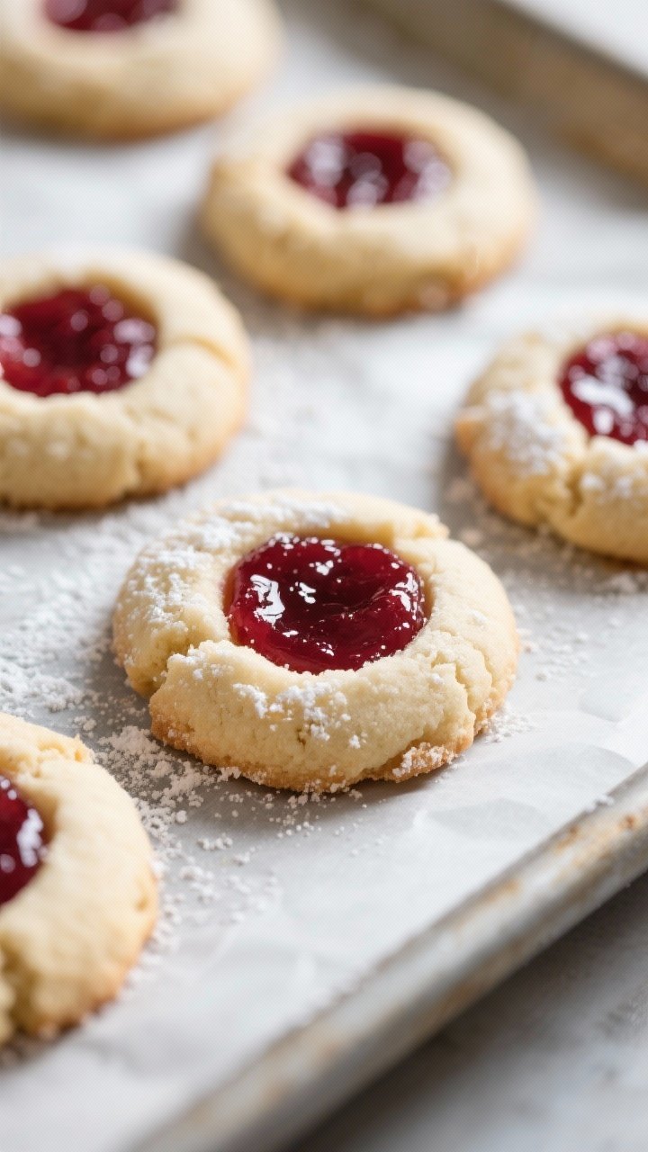 Close-up detail shot of freshly baked vegan raspberry thumbprint cookies just out of the oven on a p