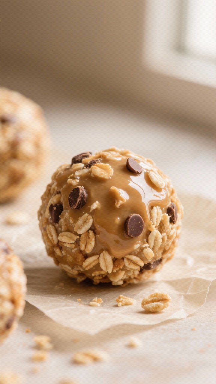 Close-up detail shot of freshly rolled Honey Peanut Crunch Protein Balls resting on parchment, one b