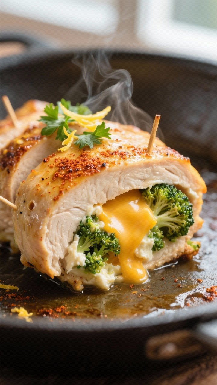 Close-up detail shot: Sliced broccoli cheddar stuffed chicken breast just out of the oven, showing t
