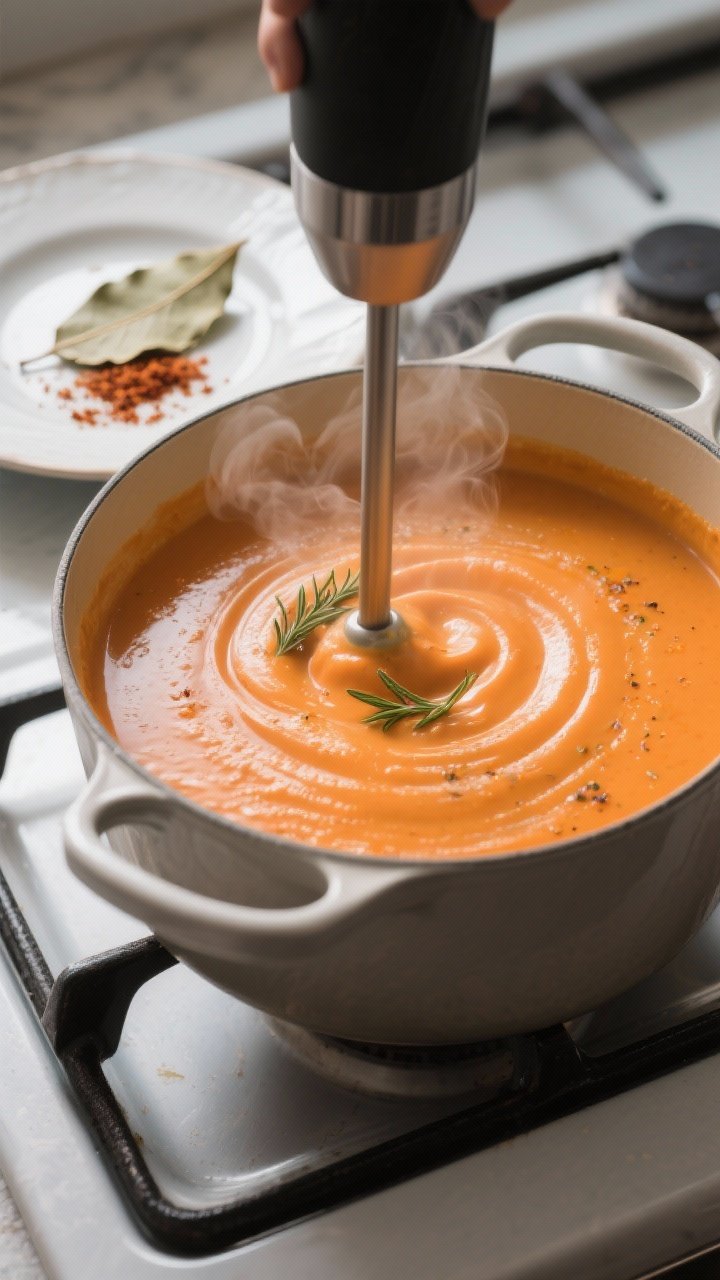 Close-up detail: Silky carrot-chicken bisque being blended smooth in the pot with an immersion blend