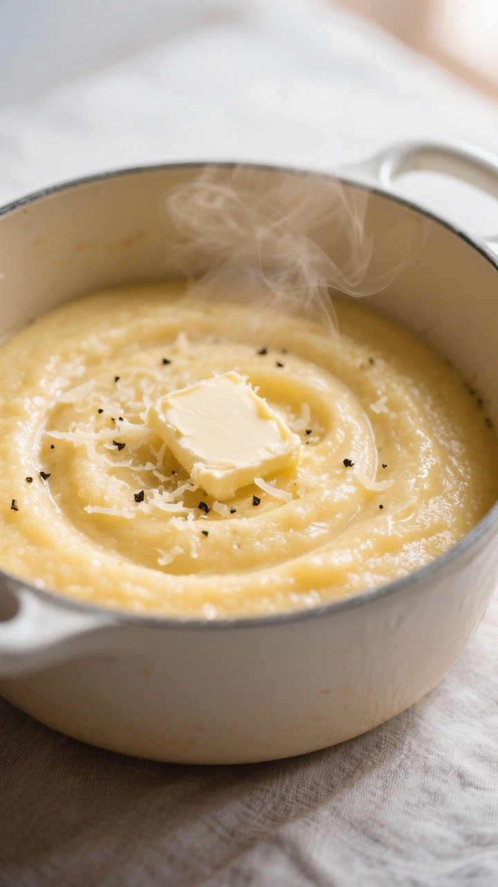 Close-up detail: Silky, creamy breakfast polenta just finished in the pot, butter and grated Parmesa
