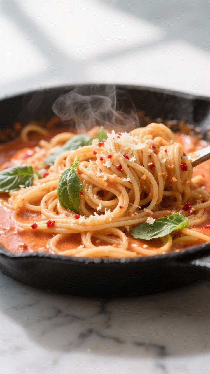 Close-up detail: Silky spaghetti being tossed in a skillet with creamy tomato-basil sauce mid-emulsi