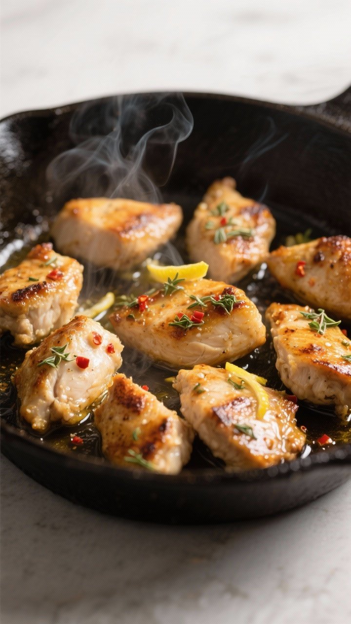 Close-up detail: Sizzling Mediterranean chicken bites searing in a cast-iron skillet, golden-brown e
