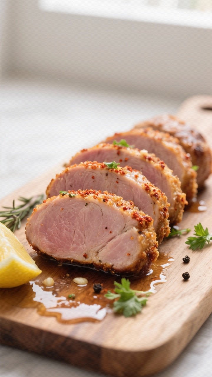 Close-up detail: Sliced air-fried pork tenderloin medallions (1/2-inch) fanned on a wooden board, sh