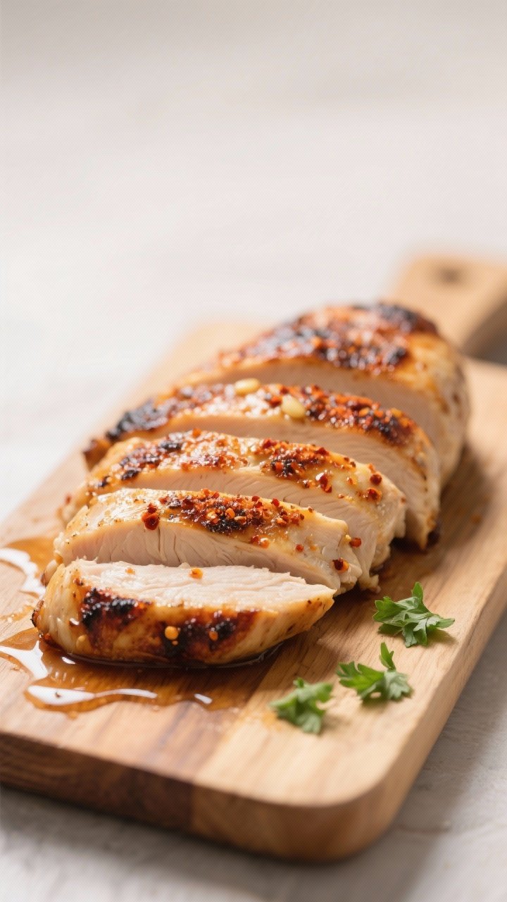 Close-up detail: Sliced, pan-seared chicken breast resting on a wooden board, juices glistening, wit
