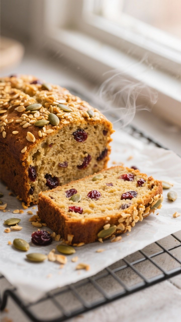Close-up detail: Sliced pumpkin seed breakfast loaf just after cooling, showing a tender, moist crum