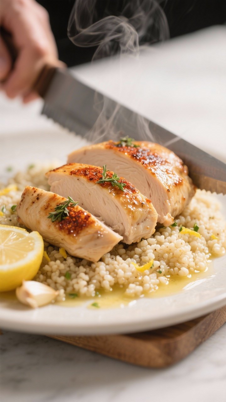 Close-up detail: Sliced seared chicken breast just after resting, glistening with juices and a light