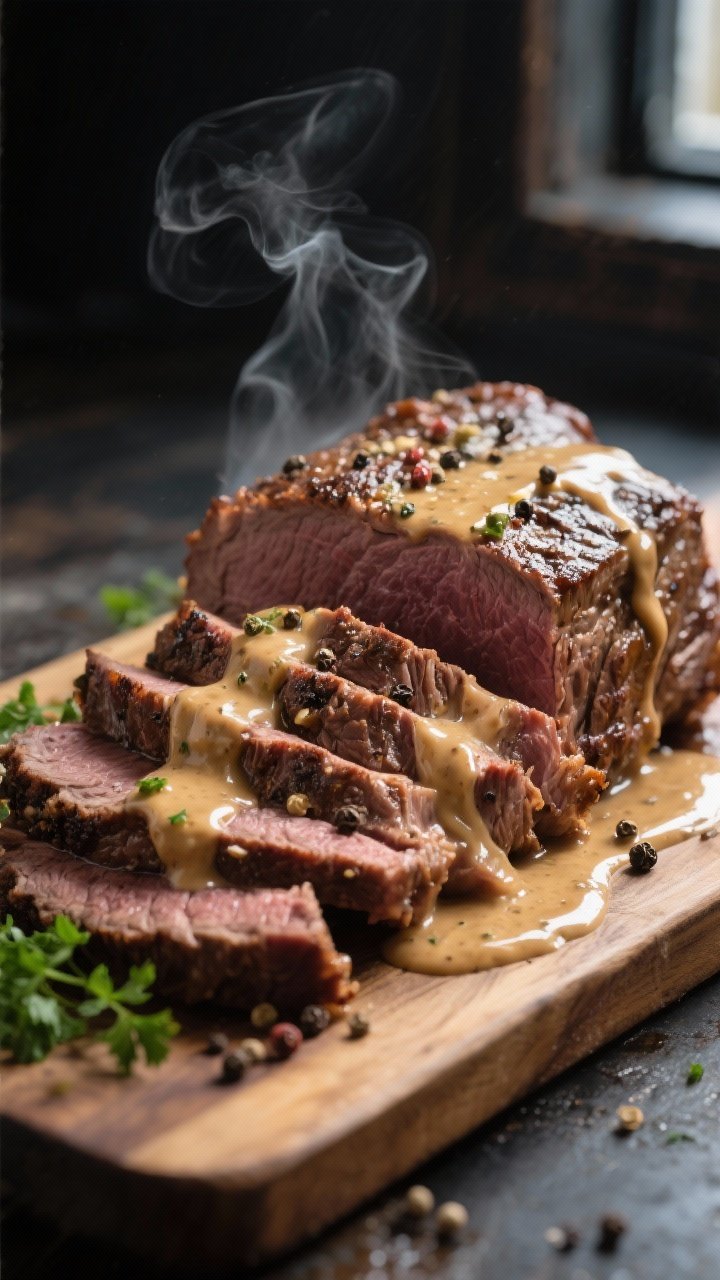 Close-up detail: Sliced slow-cooked beef roast just after resting, fanned on a board and napped with