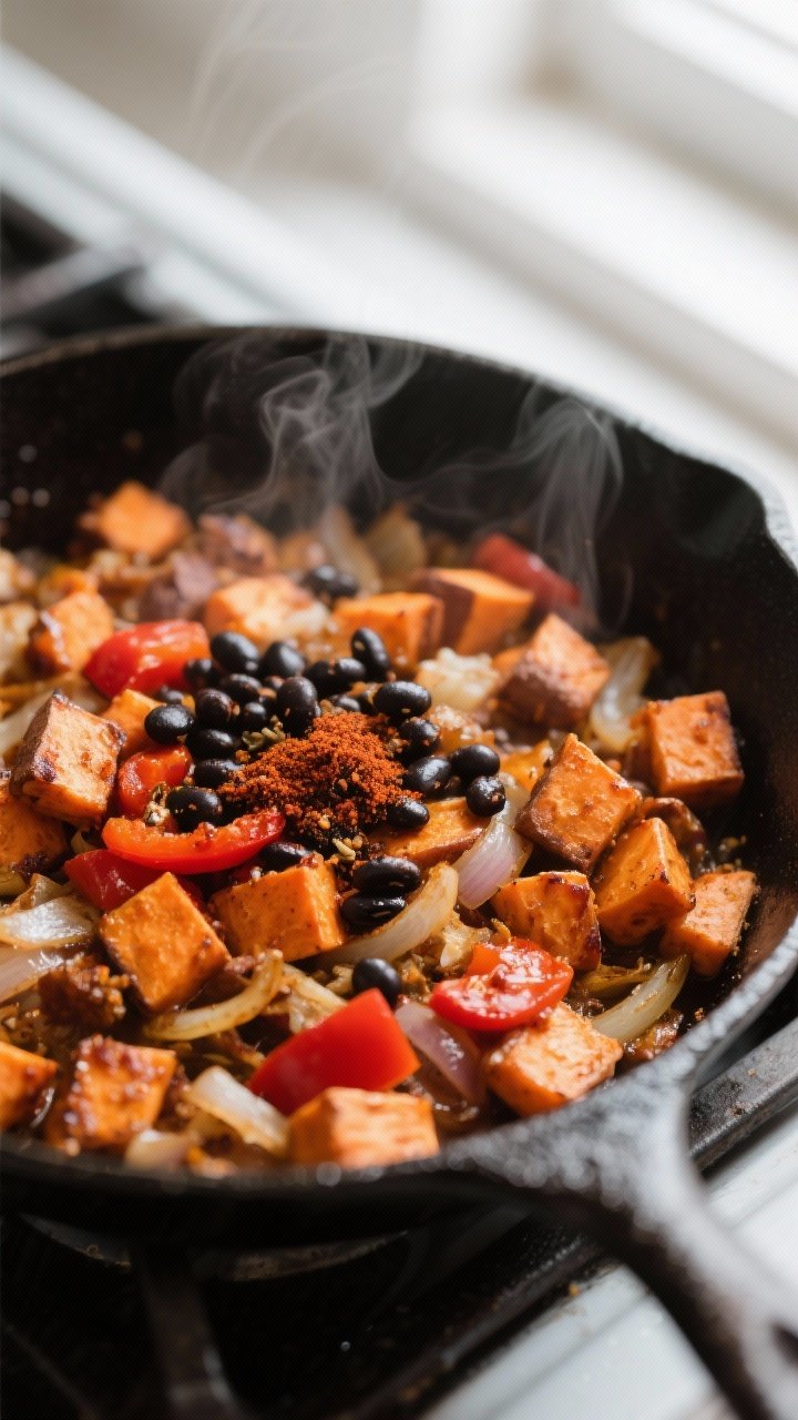 Close-up detail: Sweet potato breakfast hash sizzling in a black cast-iron skillet mid-cook, showing