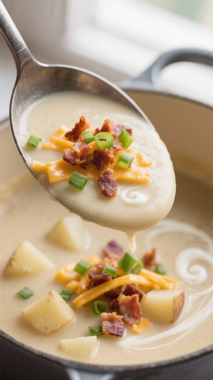 Close-up detail, texture and toppings: Tight macro of a ladle lifting silky potato soup from the pot