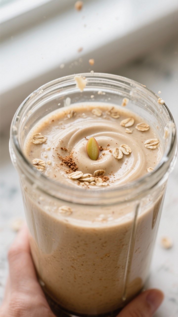 Close-up detail: Thick, creamy apple cinnamon oat smoothie mid-blend in a clear blender jar, silky t