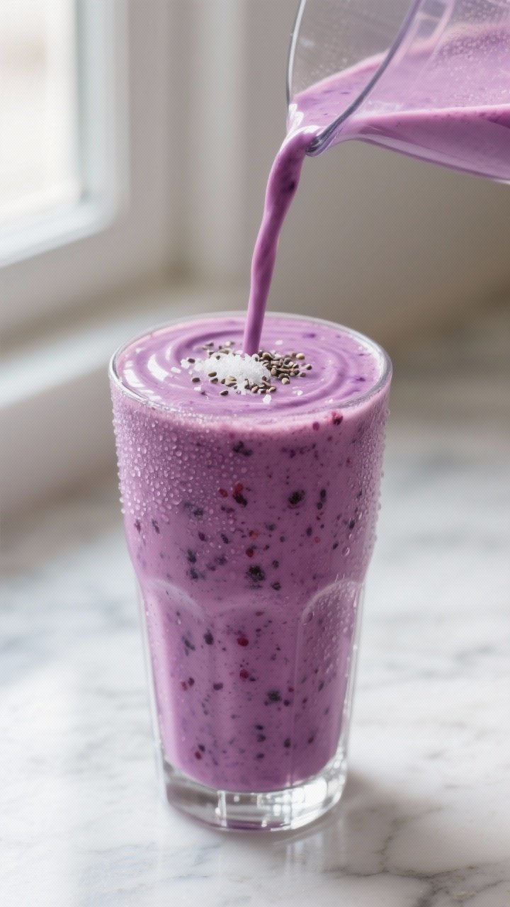 Close-up detail: Thick, creamy Banana Berry Protein Breakfast Shake mid-pour from a blender into a c
