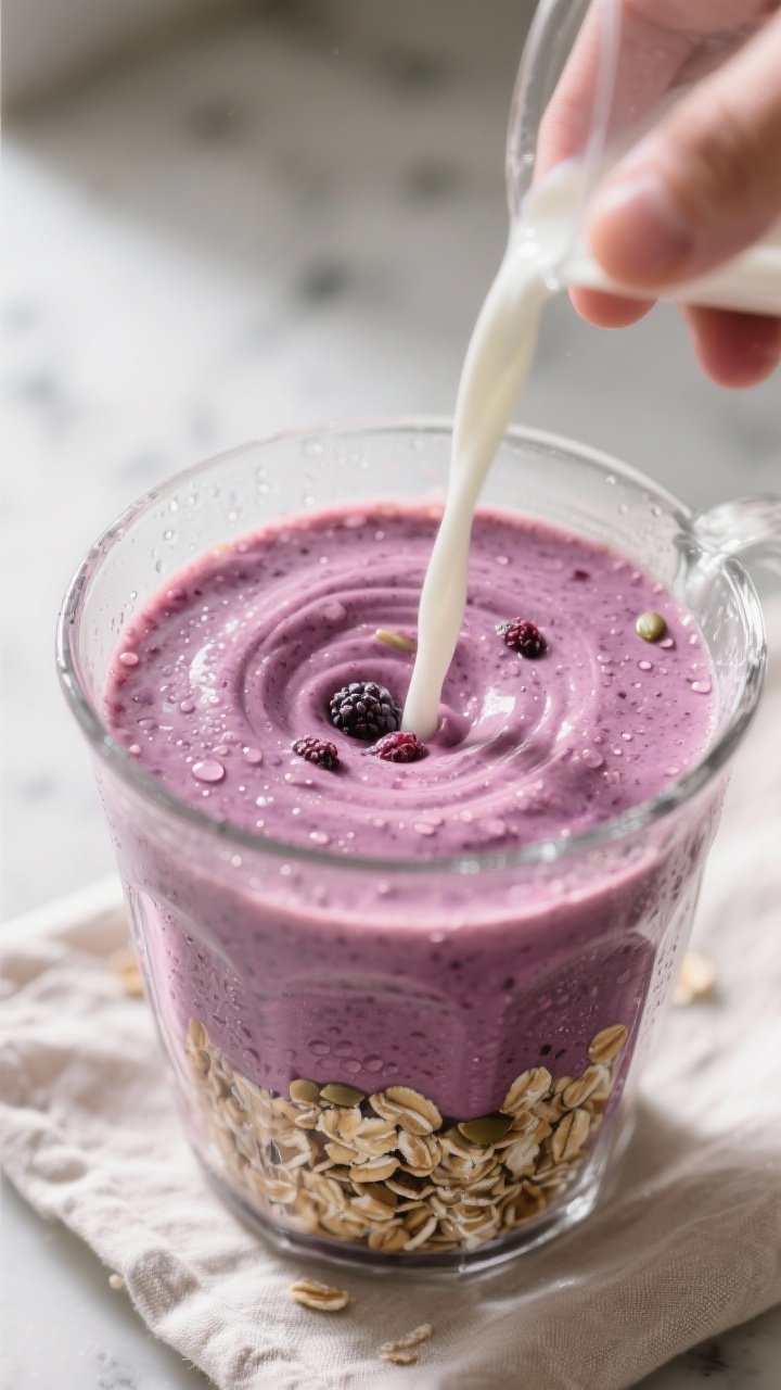 Close-up detail: Thick, creamy berry oat smoothie mid-blend in a glass blender jar, vortex swirling