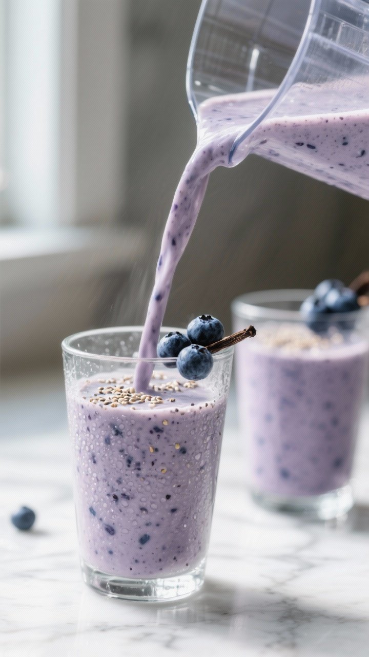 Close-up detail: Thick, creamy blueberry vanilla smoothie being poured from a blender into a chilled