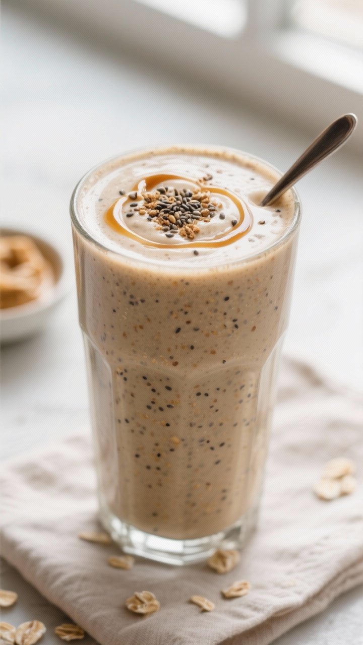 Close-up detail: Thick, creamy high-fiber oat smoothie just poured into a tall glass, silky texture