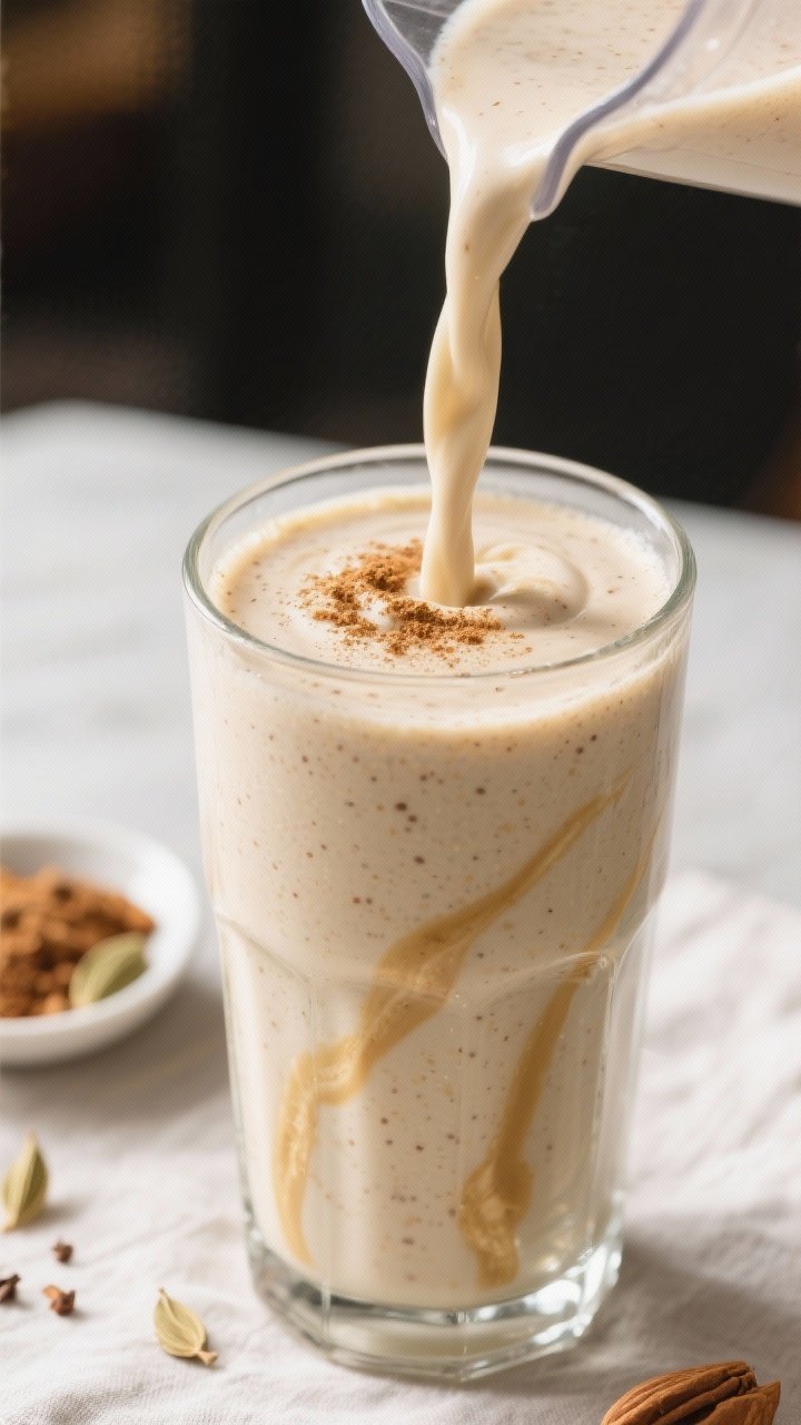 Close-up detail: Thick, milkshake-like Banana Chai Spice Protein Smoothie being poured from a blende