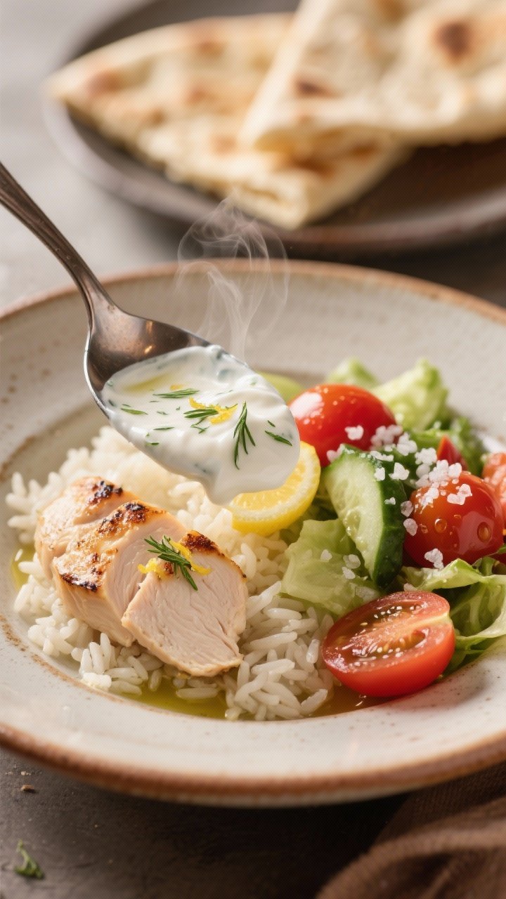 Close-up final dish detail – Spoon dragging through thick Greek yogurt sauce on plated bowl, showi