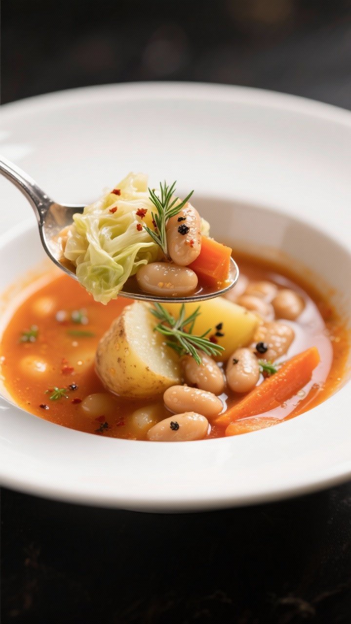 Close-up final dish detail: Tight macro of a spoonful lifted from the bowl showing silky cabbage, cr