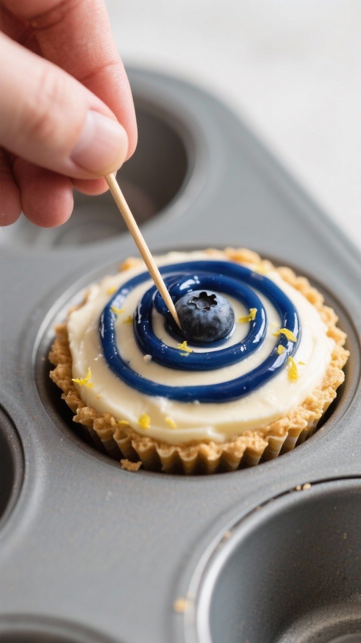 Close-up process shot: Blueberry cheesecake cupcake batter just filled over a par-baked graham crack