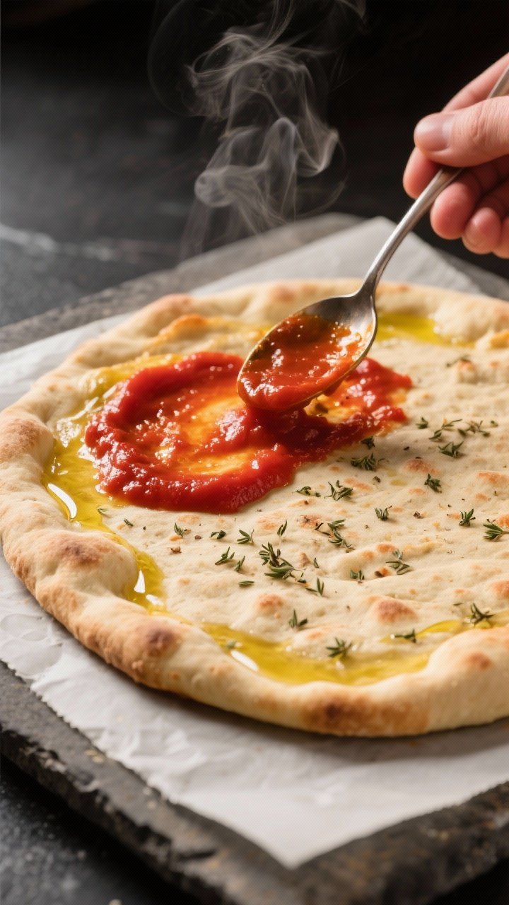 Close-up process shot: Parbaked protein flatbread just out of the oven on a preheated pizza stone li