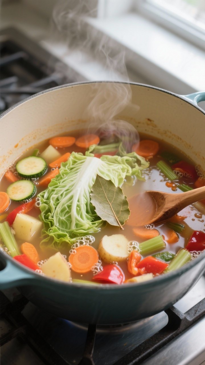 Cooking process: A large Dutch oven at a gentle simmer with the cabbage vegetable soup mid-cook—so