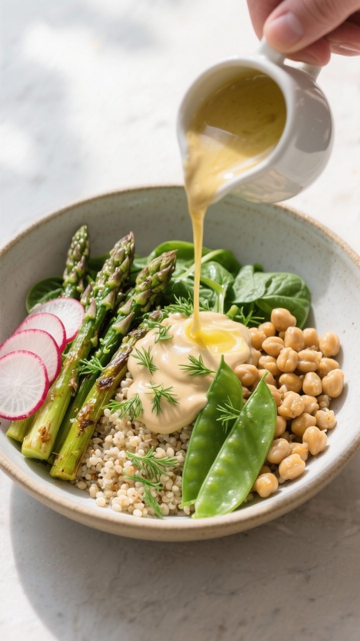 Cooking process: Assembling the Spring Greens & Chickpea Bowl, overhead shot of a shallow ceramic bo