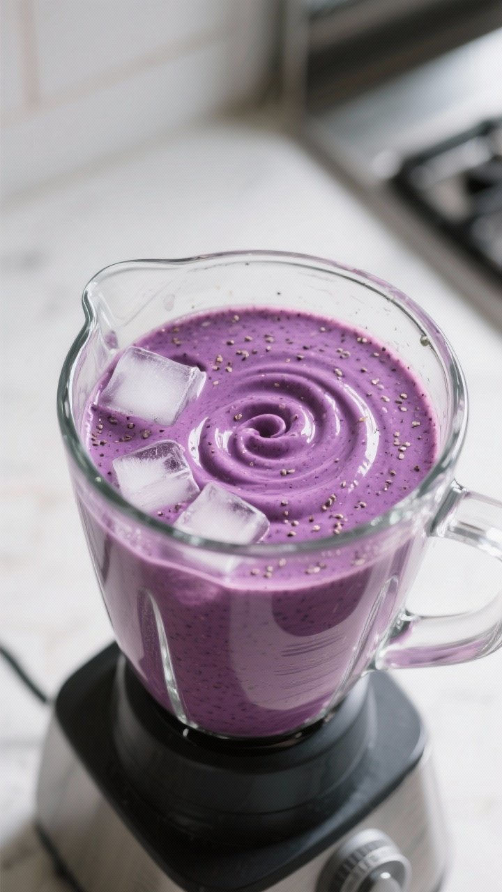 Cooking process: Blender setup showing the smoothie mid-blend at peak swirl—creamy purple vortex i