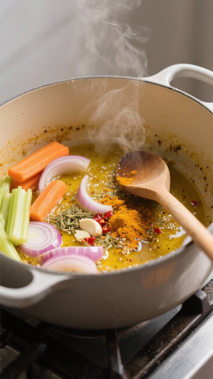 Cooking process — Blooming aromatics and spices: A medium pot on the stovetop with softened onions