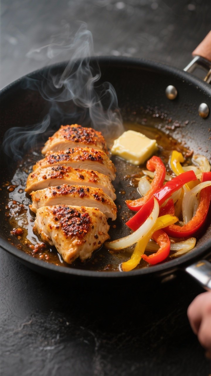 Cooking process — Cajun chicken sear: Sliced, fully cooked Cajun-seasoned chicken breasts sizzling