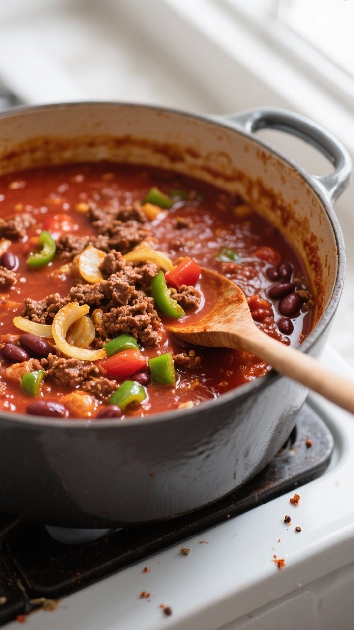 Cooking process close-up: A Dutch oven on the stovetop with chili mid-simmer after spices have bloom