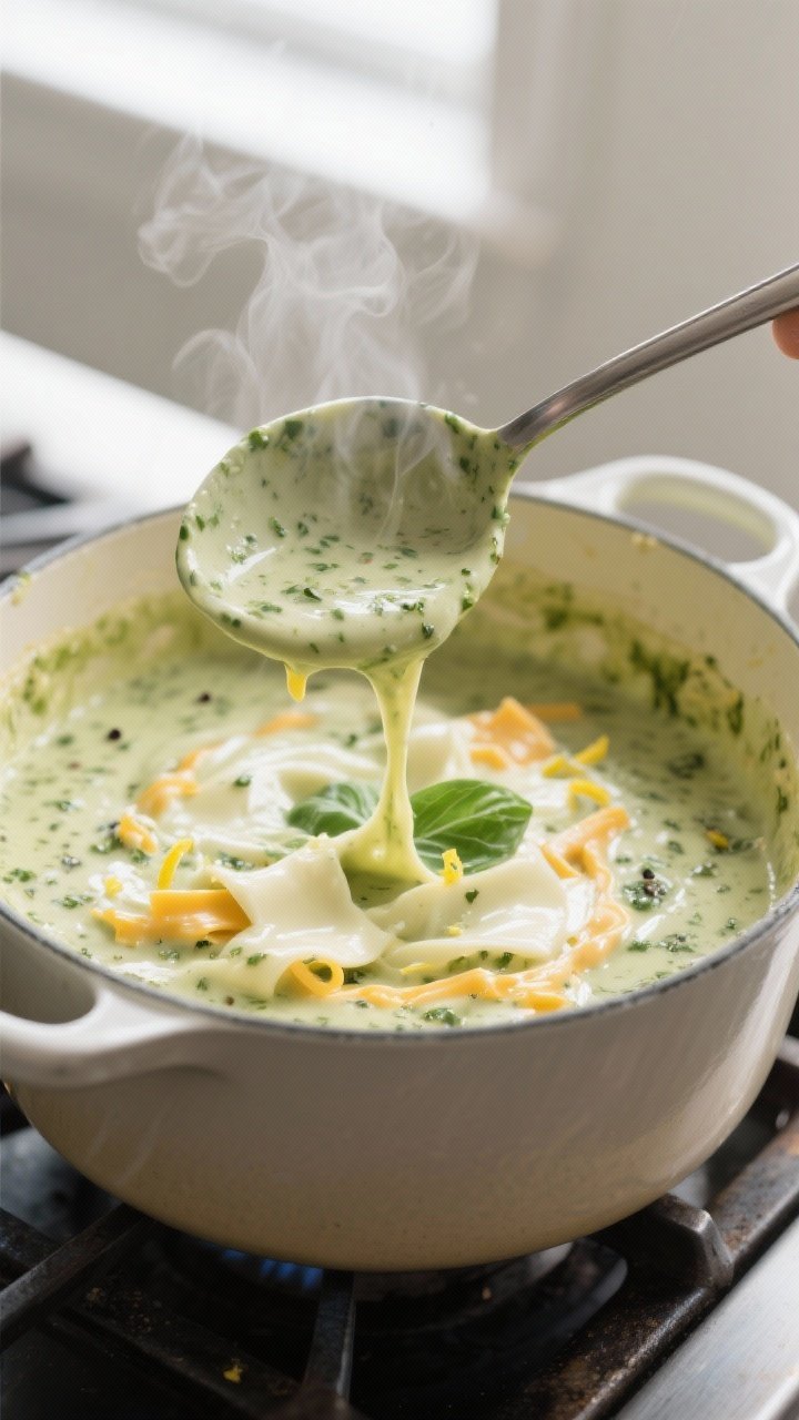 Cooking process close-up: A large enamel pot on the stovetop with the creamy pesto-cheese sauce bein