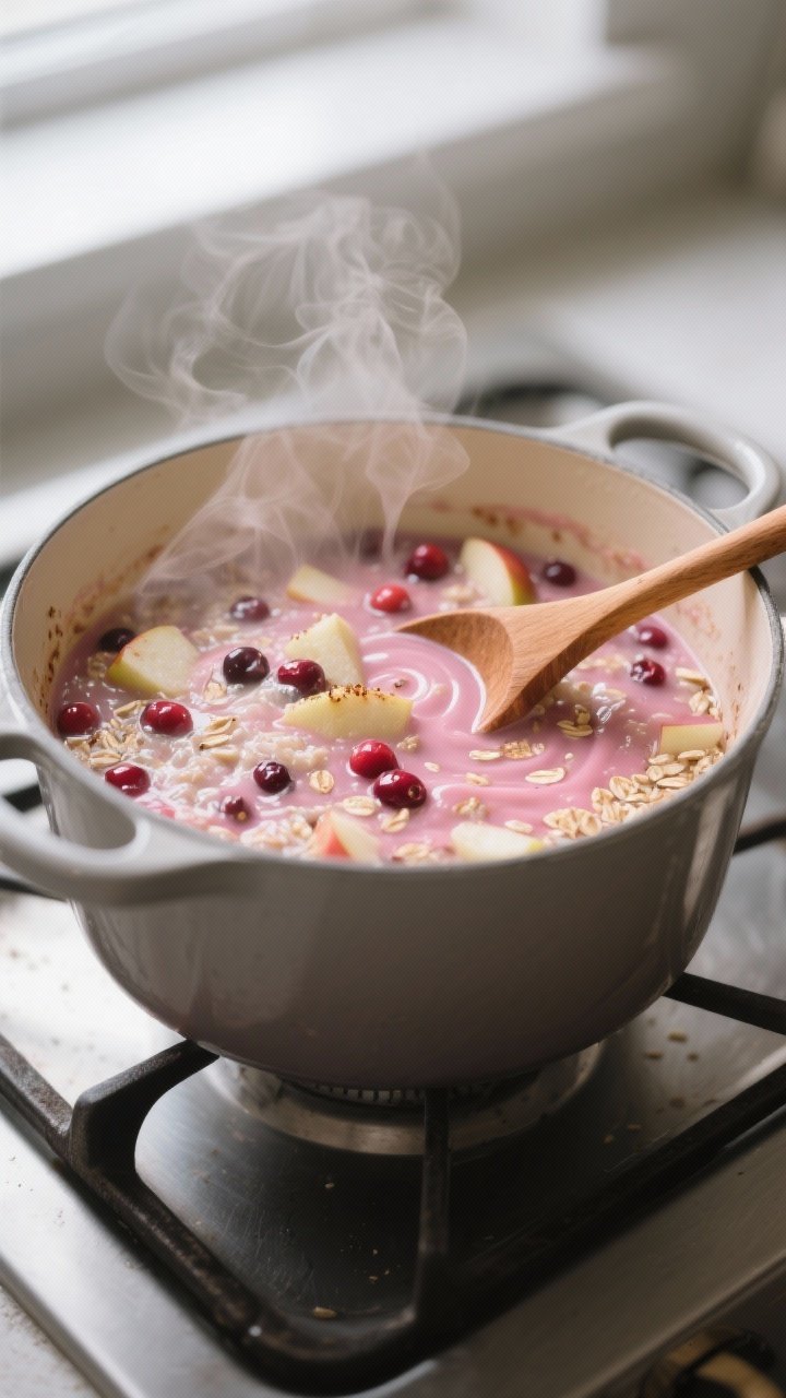 Cooking process close-up: A medium pot of simmering cranberry apple oatmeal on the stovetop, oats tu