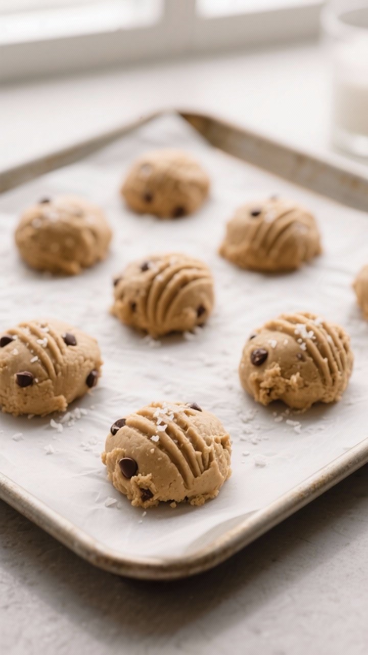 Cooking process close-up: A parchment-lined baking sheet with freshly scooped peanut butter cookie d